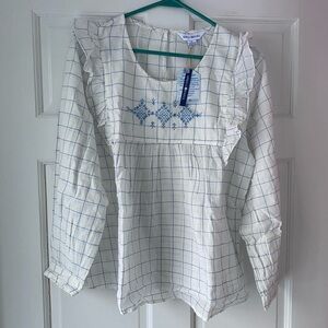 April Cornell White and Blue Puff Sleeve Blouse